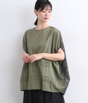 ファブリックダイイングクロッシングタックブラウス(ライトカーキ-ONESIZE)