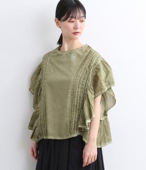 コットンボイルピグメントウォッシュフレア袖プルオーバー(ライトカーキ-ONESIZE)