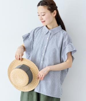 襟付きストライプシャツ(ネイビーストライプ-ONESIZE)