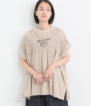 21s天竺 シャーリングプリントプルオーバー(グレージュ-ONESIZE)