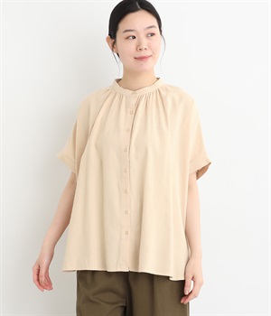 リネン混ストライプ バンドカラーギャザーシャツ(オフホワイトストライプ-ONESIZE)