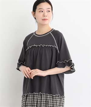 梨地カットソー接触冷感加工 配色メローTシャツ(チャコール-ONESIZE)
