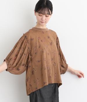 ボイルプリント袖ボリュームプルオーバー(ブラウンフラワー-ONESIZE)