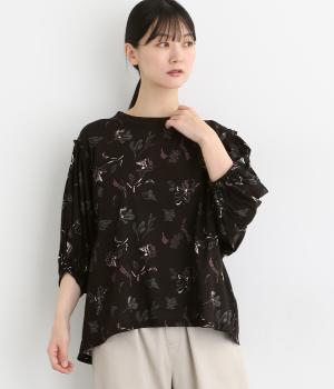 ボイルプリント袖ボリュームプルオーバー(ブラックフラワー-ONESIZE)