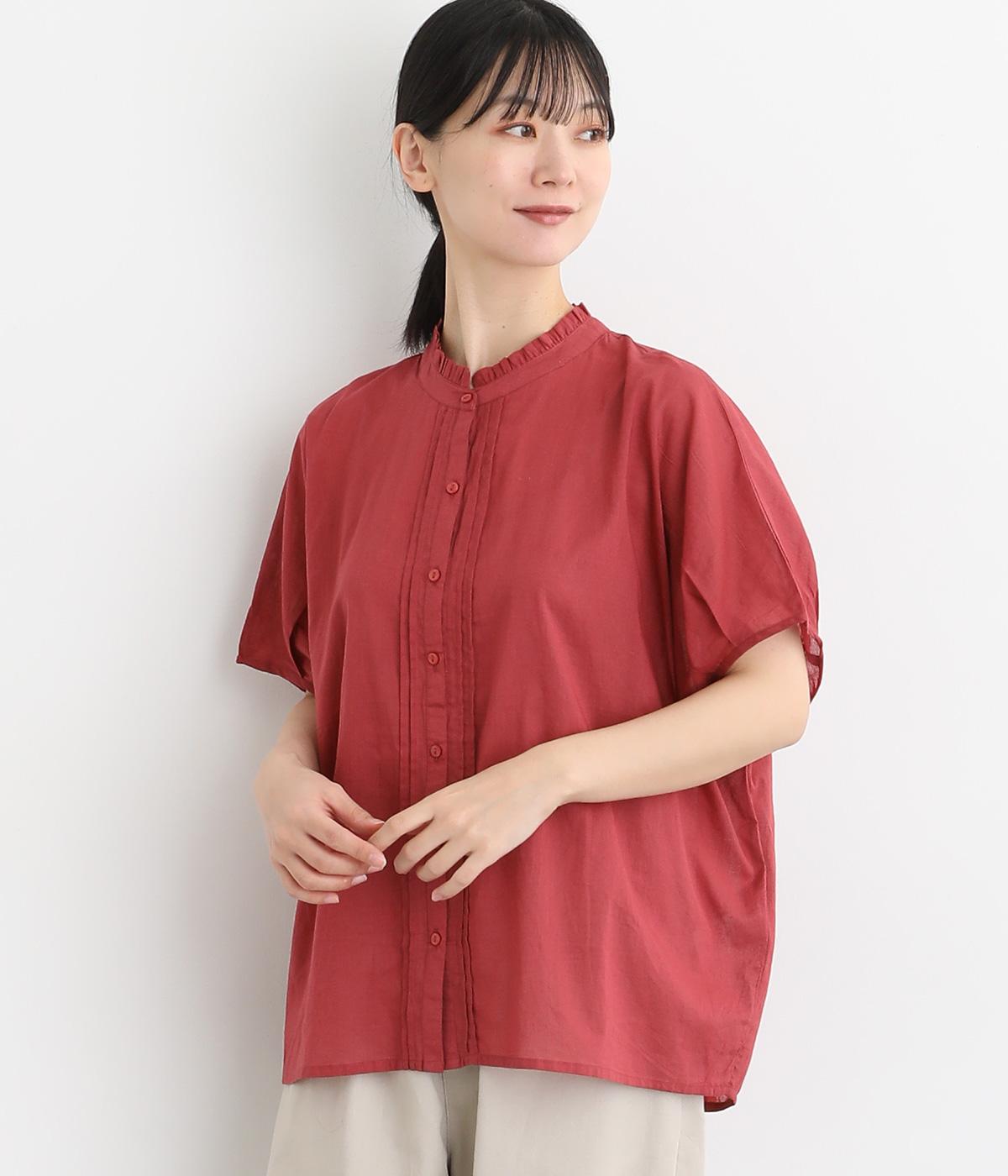 ボイルプリント襟フリルブラウス(モーヴピンク-ONESIZE)