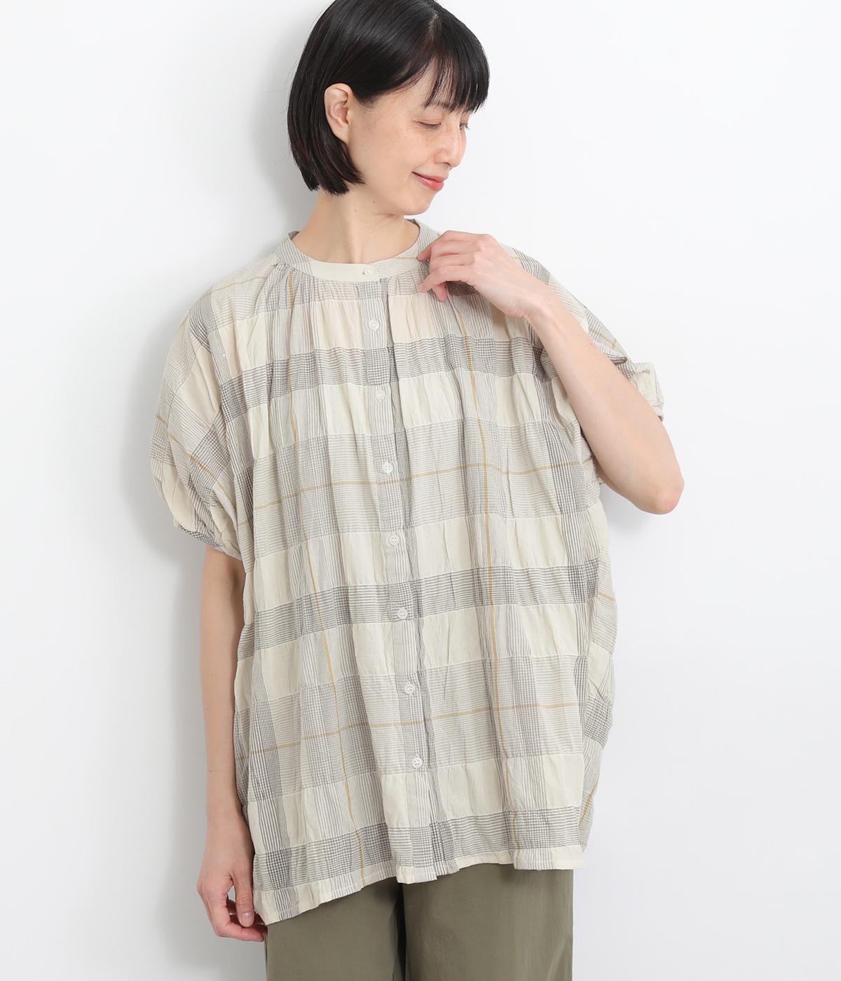 PUミックスチェックブラウス(ライトグレー-ONESIZE)
