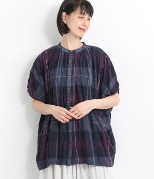 PUミックスチェックブラウス(ネイビー-ONESIZE)