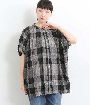 PUミックスチェックブラウス(ブラック-ONESIZE)