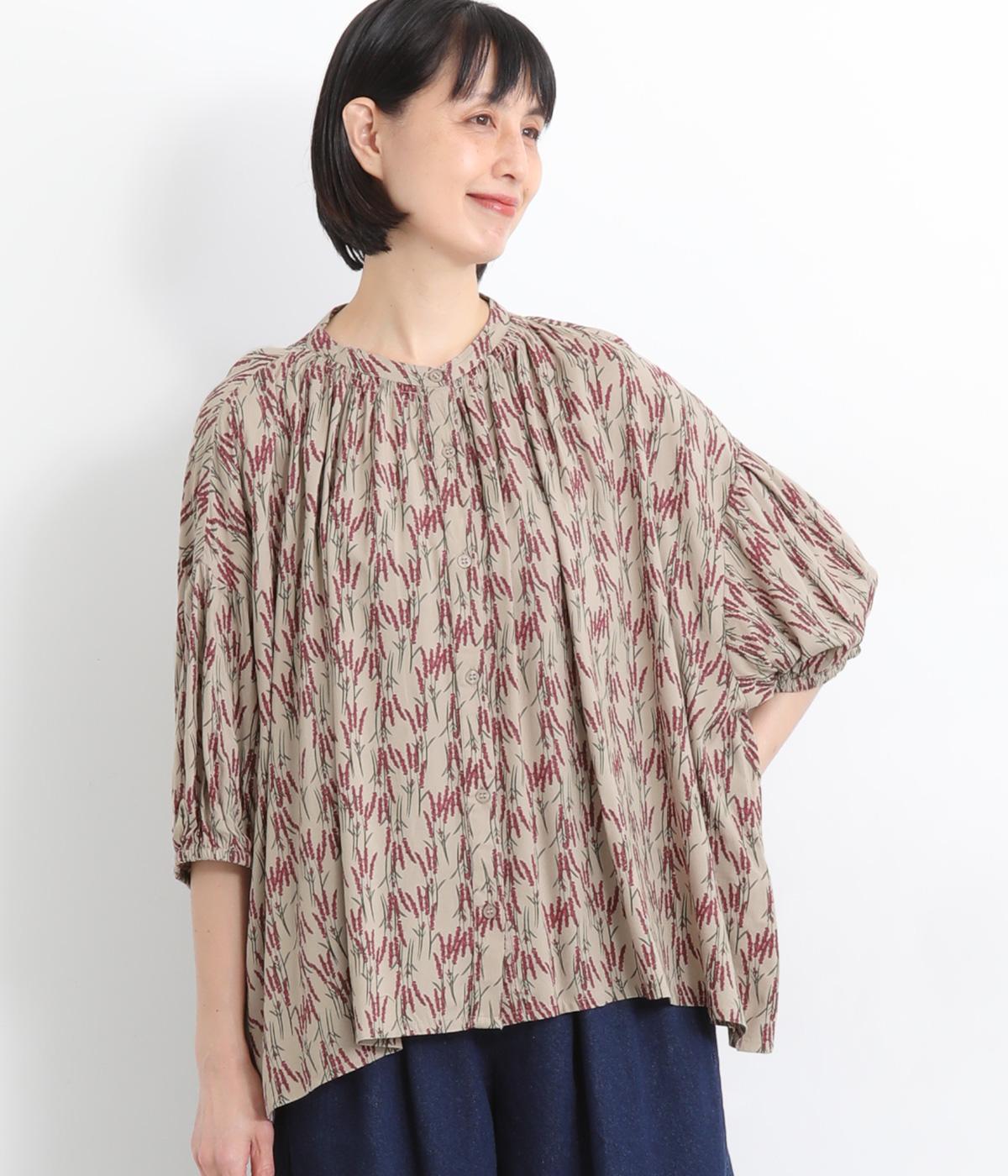 レーヨンプリント襟ギャザーブラウス(アイボリー-ONESIZE)