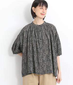 レーヨンプリント襟ギャザーブラウス(ネイビー-ONESIZE)