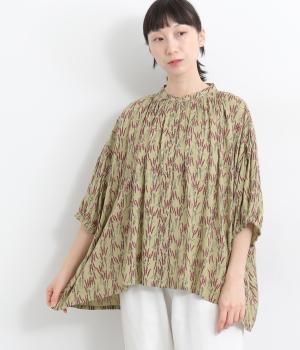 レーヨンプリント襟ギャザーブラウス(グリーン-ONESIZE)
