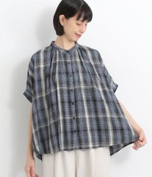 レーヨンクレープチェックブラウス(ブルー-ONESIZE)