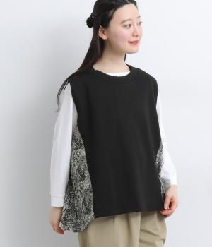 花柄ワッシャー×裏毛まるっこベスト(ブラックフラワー-F)