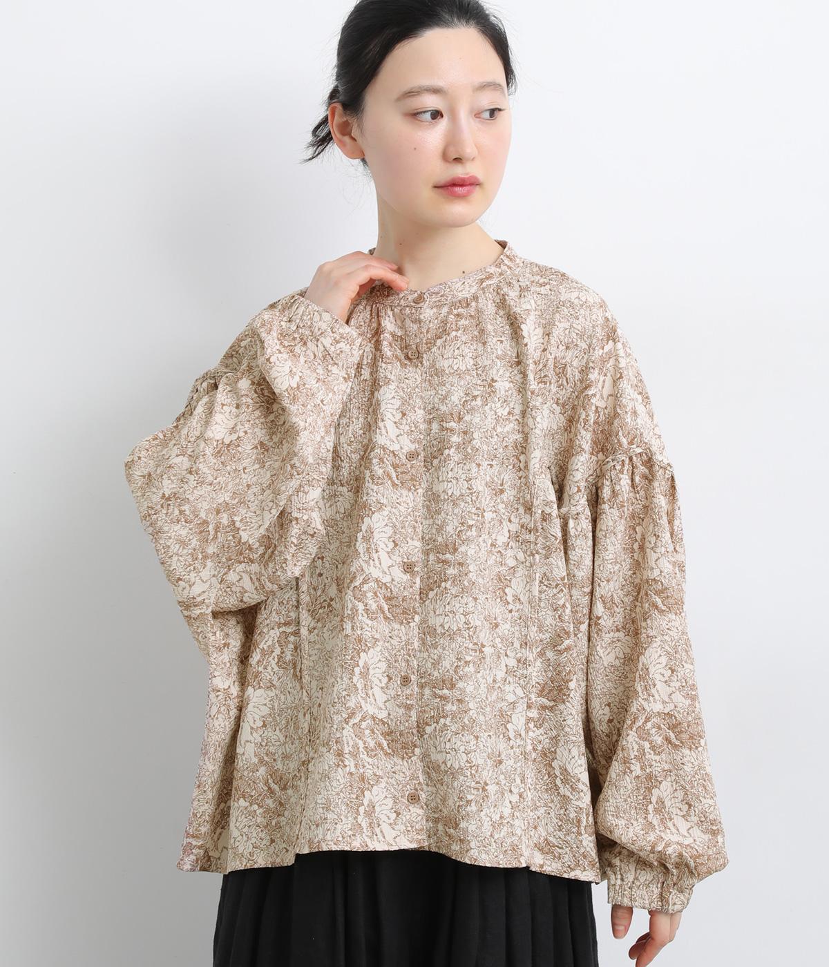 花柄ワッシャードルマンパイピングブラウス(ブラウンフラワー-F)