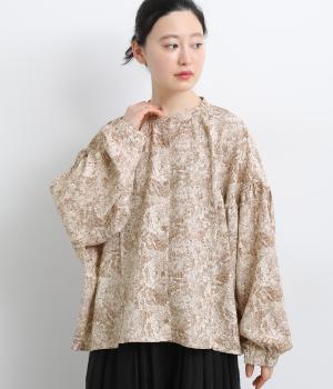 花柄ワッシャードルマンパイピングブラウス(ブラウンフラワー-F)