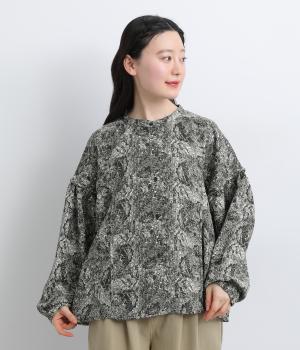 花柄ワッシャードルマンパイピングブラウス(ブラックフラワー-F)