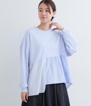 MIXストライプアシメラウンドヘムプルオーバー(ライトブルー-F)