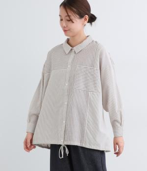 MIXストライプ裾ドロストシャツ(ブラウン-F)