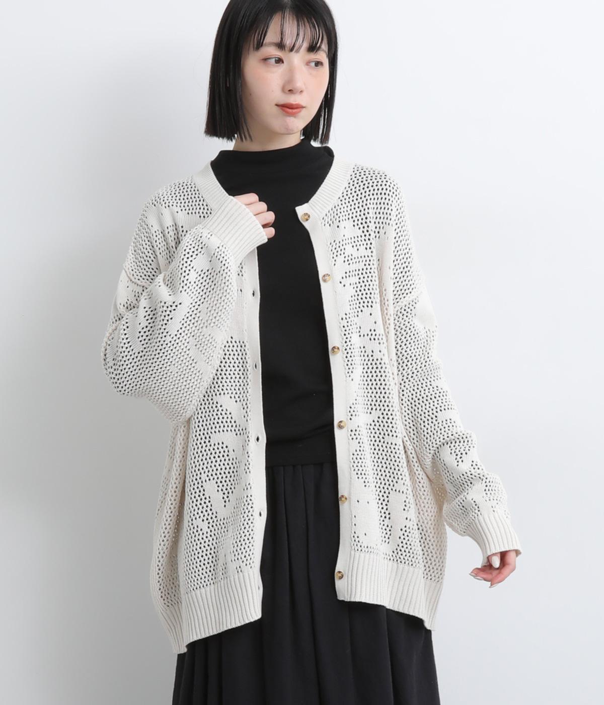透かし編みニットボタニカル柄カーディガン(オフホワイト-F)