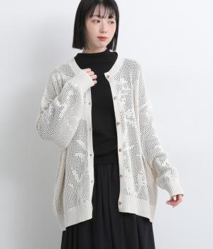 透かし編みニットボタニカル柄カーディガン(オフホワイト-F)