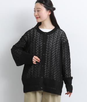 透かし編みニットカーディガン(ブラック-F)
