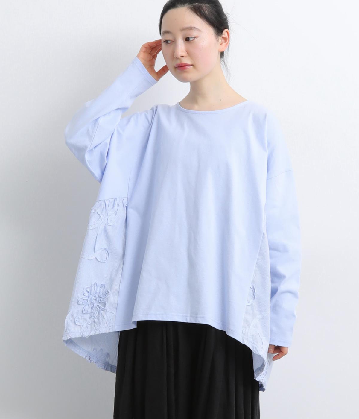 フラワーモチーフ切替デザインチュニック(サックス-F)