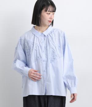 フラワーモチーフパッチワークシャツ(サックス-F)