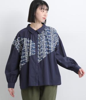 フラワーモチーフパッチワークシャツ(ネイビー-F)