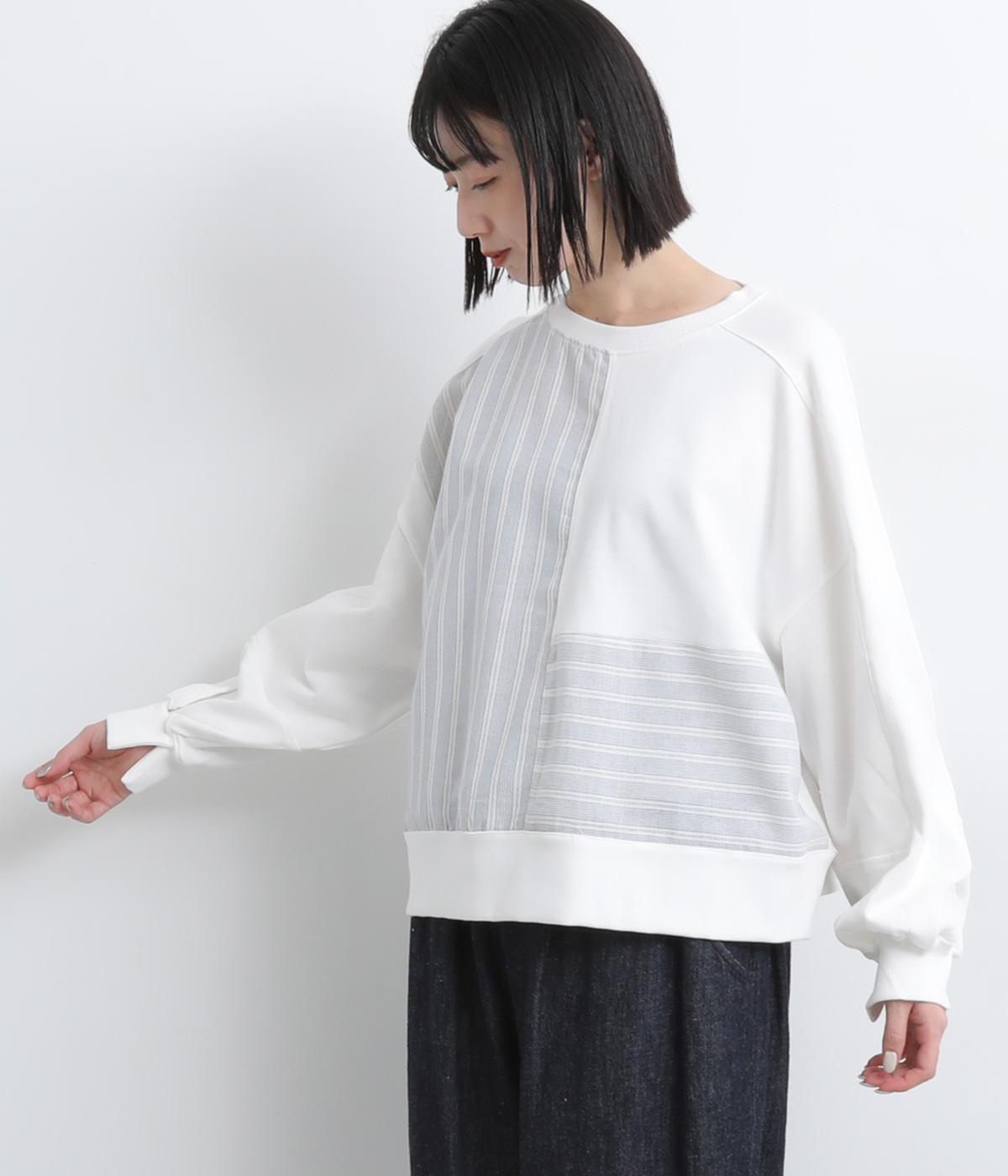 裏毛×ストライプパネル短丈トップス(オフホワイト-F)