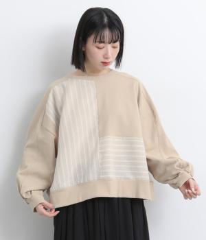 裏毛×ストライプパネル短丈トップス(グレージュ-F)