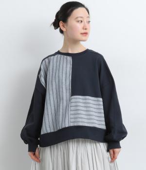 裏毛×ストライプパネル短丈トップス(ダークネイビー-F)