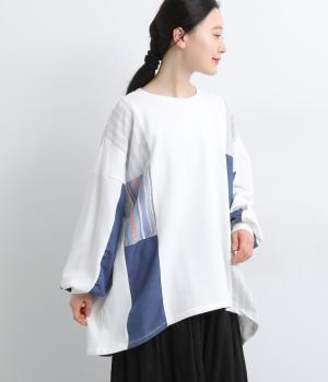裏毛×ストライプブロックパッチワークチュニック(オフホワイト-F)