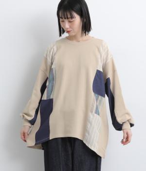裏毛×ストライプブロックパッチワークチュニック(グレージュ-F)
