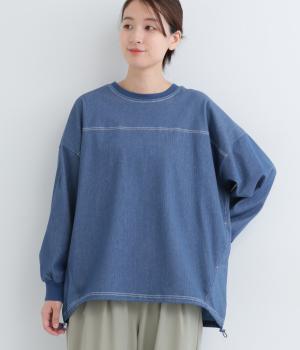 ヘリンボーン裏毛デニムドッキングチュニック(ブルーデニム-F)