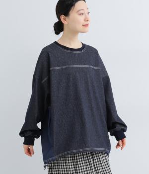 ヘリンボーン裏毛デニムドッキングチュニック(ネイビーデニム-F)