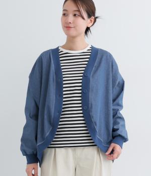 ヘリンボーン裏毛ドルマンカーディガン(ブルーデニム-F)
