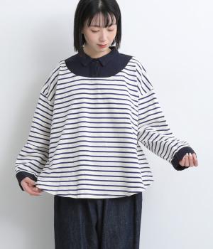 ボーダー天竺シャツ風トップス(ネイビーボーダー-F)
