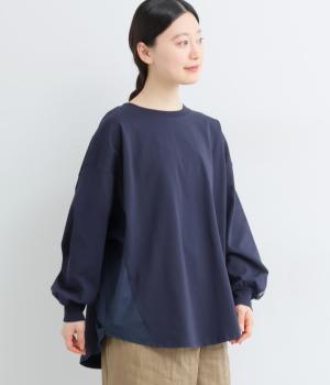 天竺シルケット袖口刺繍入りドルマンプルオーバー(ネイビー-F)