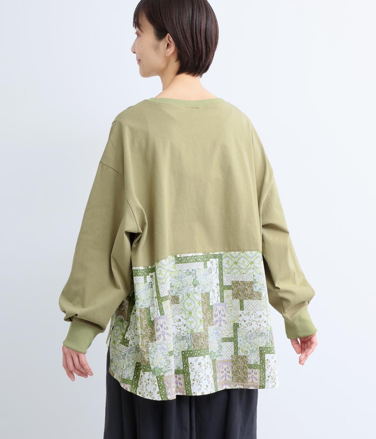 パッチワークフラワープリントドッキングプルオーバー(ライトカーキ-F)