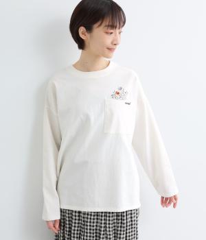 天竺プリントフラワー刺繍ポケットロンTシャツ(オフホワイト-F)