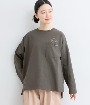 天竺プリントフラワー刺繍ポケットロンTシャツ(チャコール-F)