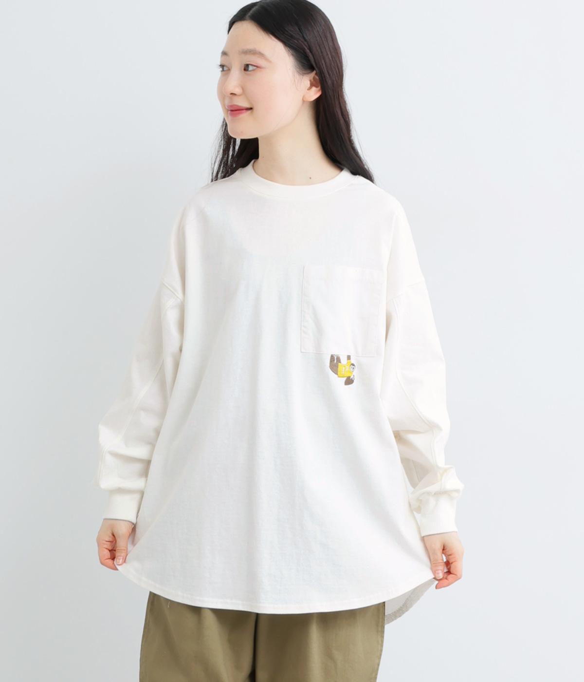 天竺プリントぶらぶらナマケモノの刺繍ロンTシャツ(オフホワイト-F)