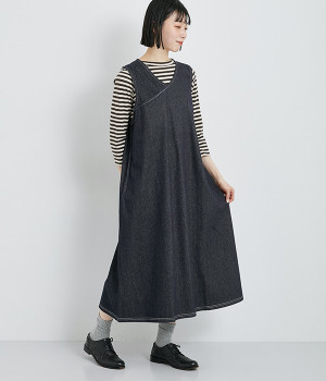 ヘリンボーンジャカード×デニムポケットデザインジャンパースカート(ネイビー-ONESIZE)