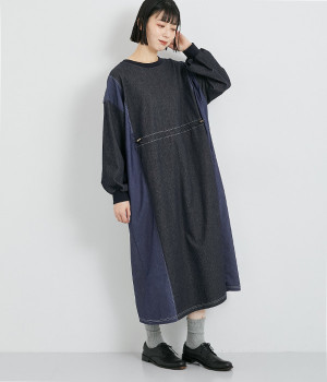 ヘリンボーンジャカード×デニムパネル切替ワンピース(ネイビー-ONESIZE)