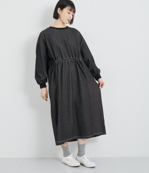 ヘリンボーンジャカード×デニムパネル切替ワンピース(ブラック-ONESIZE)