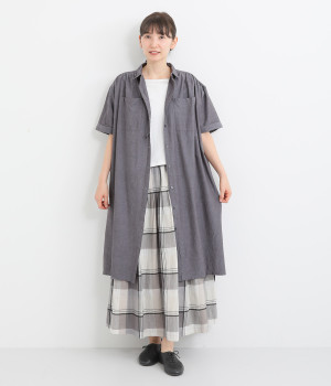 シャンブレー 半袖シャツワンピース(チャコール-ONESIZE)