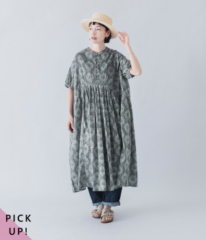 別注｜オリエンタル柄くるみボタンワンピース(ブルーグリーン-ONESIZE)