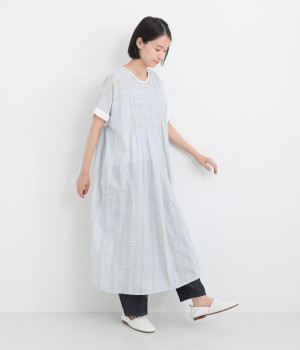 スラブストライプ 2ｗay スモッキング刺繍ワンピース(ライトブルーストライプ-ONESIZE)
