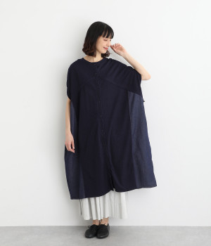 インディゴ天竺ドッキング前開きワンピース(ネイビーデニム-ONESIZE)