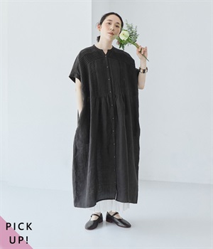 リネンメニーピンタックワンピース(ブラック-ONESIZE)